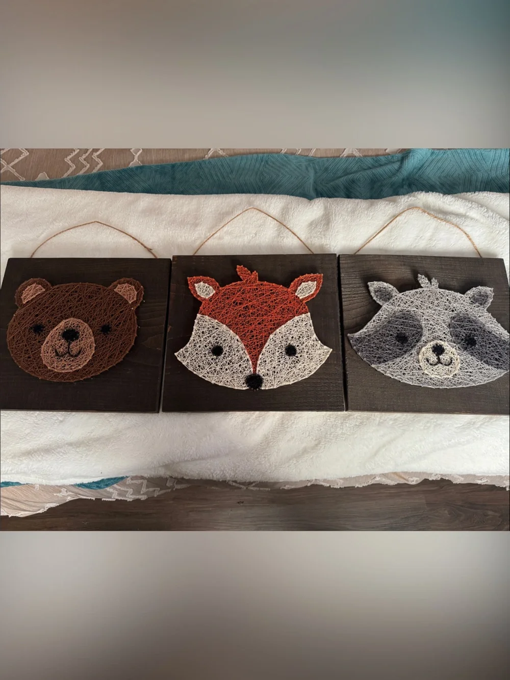 Wooden String Art Animal Trio - Brown Bear, Orange Fox, Gray Raccoon